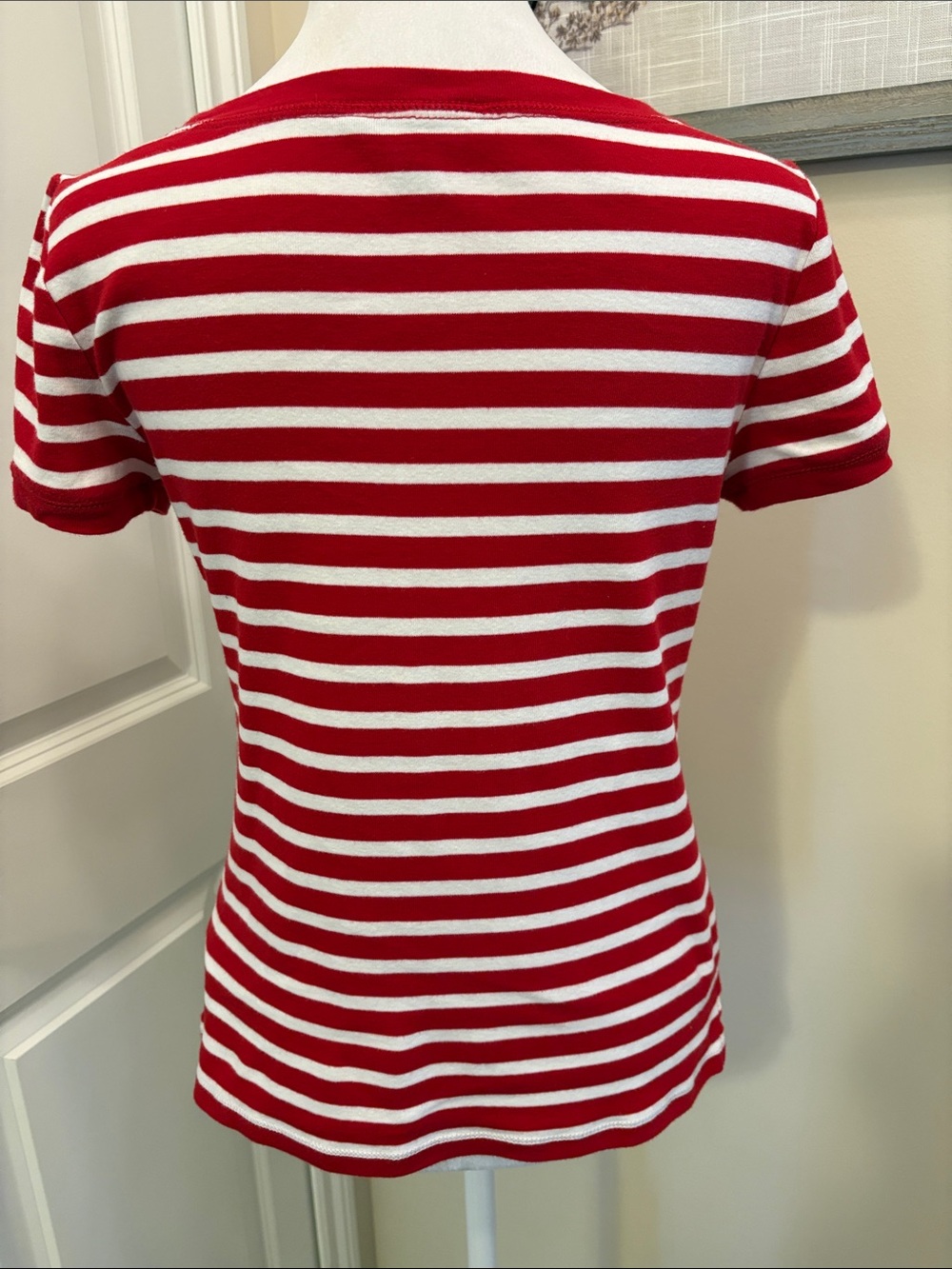 Lauren Ralph Lauren Short Sleeve Top Button-Sleeve Medium Red White Striped - Picture 6 of 13
